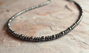 Mens Gray Beaded Hematite Long Short Thin Stone Necklace - Everett