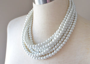 White Glass Pearl Bridal Chunky Multi Strand Statement Necklace - Michelle