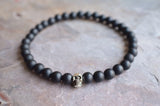 Mens Black Silver Skull Matte Beaded Stretch Bracelet