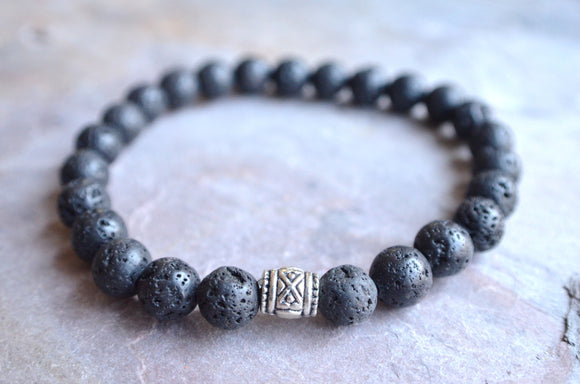 Black Lava Rock Mens Beaded Stretch Bracelet - Wagner