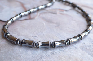 Hematite Gray Mens Beaded Long Short Stone Necklace  - Jude