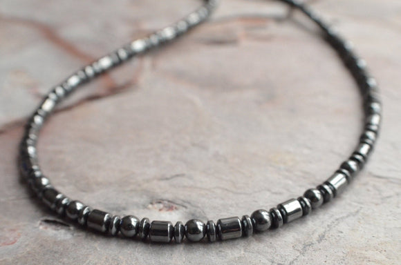 Hematite Stone Gray Beaded Thin Mens Short Long Necklace - Tyson