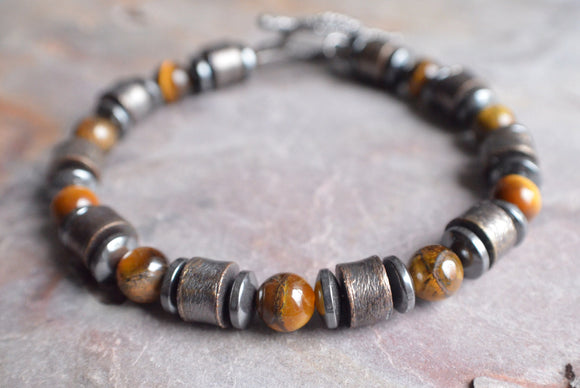 Copper Tigers Eye Gemstone Metal Beaded Mens Bracelet - Julian