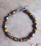 Copper Tigers Eye Gemstone Metal Beaded Mens Bracelet - Julian