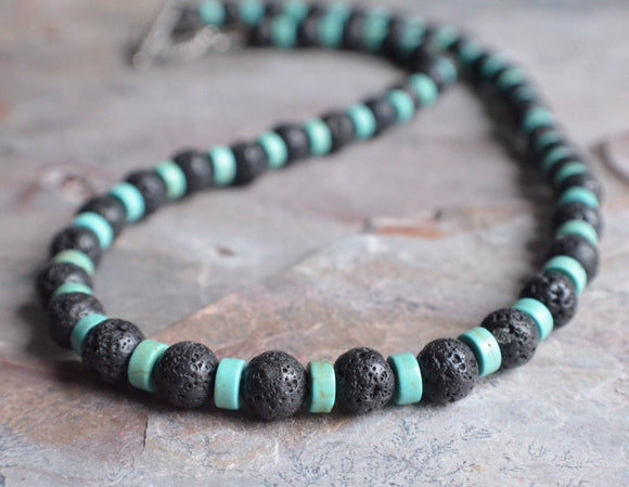 Black Lava Rock Turquoise Mens Surfer Beaded Long Necklace - Mac