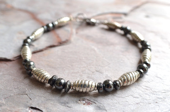 Silver Beaded Bracelet, Mens Hematite Bracelet, Mens Jewelry - Lazlo