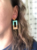 Mint Green Wood Lucite Dangle Rectangle Big Statement Earrings - Louise