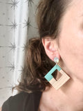 Blue Beige Lucite Wood Big Dangle Statement Earrings