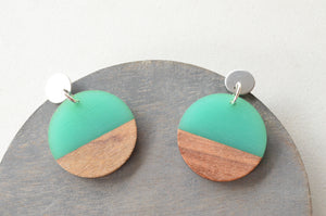 Teal Green Brown Lucite Wood Acrylic Dangle Womens Statement Earrings - Orville